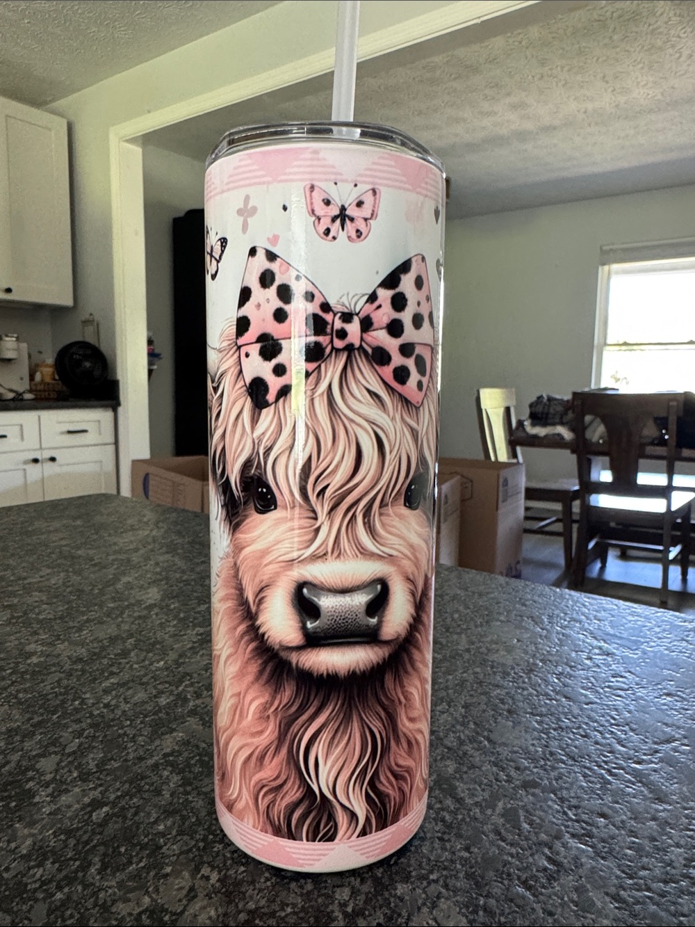 Pink Cow Print Skinny Tumbler with Bow